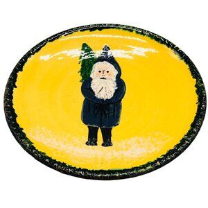 Christmas Santa tree plate terracotta hand made blue yellow 9" made U.S.A. READ